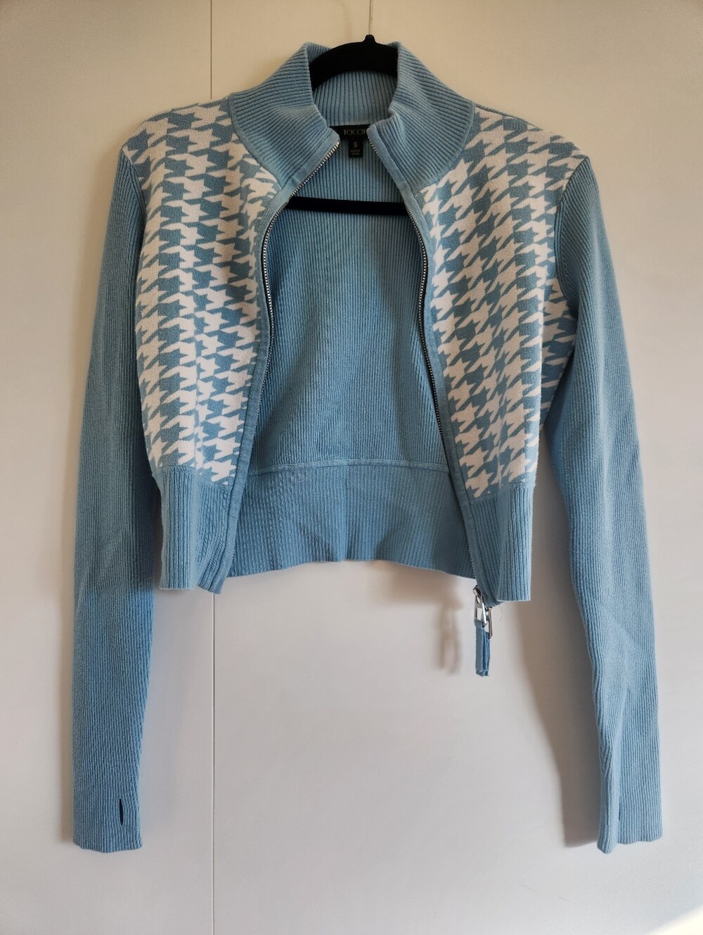 TOCCIN Blue White Houndstooth Zip Front Knit Cardigan Size Small